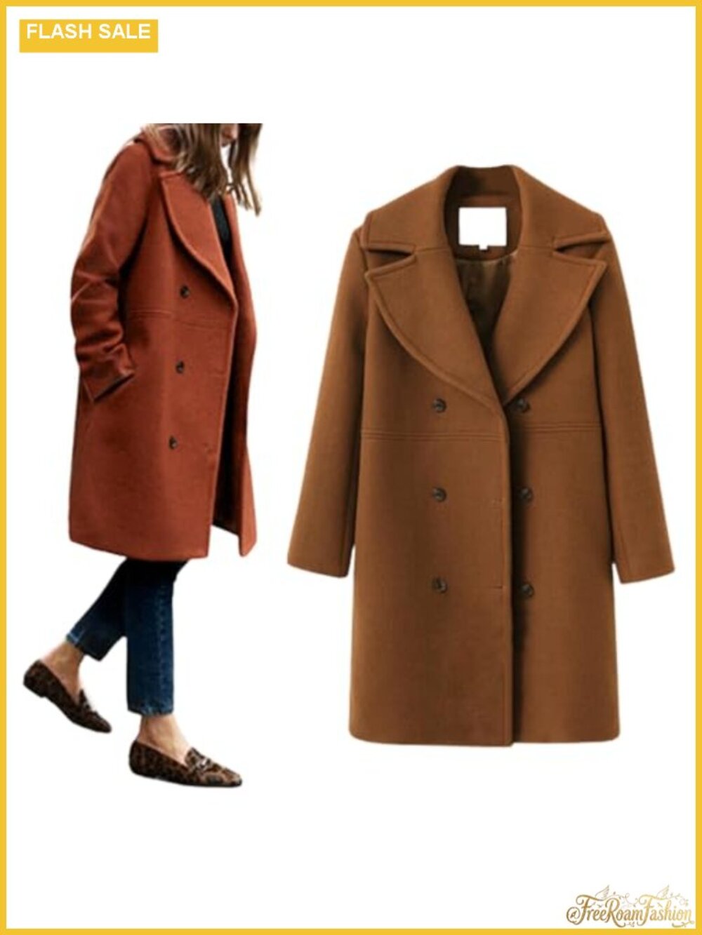 Wool Blend Pea Coat Notch Lapel Double Breasted Women's Overcoat Fall Winter